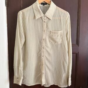 MIOU MUSE | Cream Sheer Striped Button down Menswear inspired Shirt | Small
